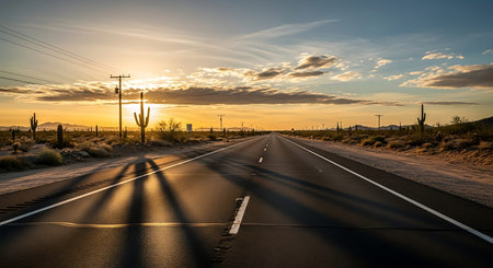 Sunset on the desert road in Arizona, United States of Americaの写真素材