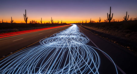 Long exposure of the road with a car light trail in the desertの写真素材