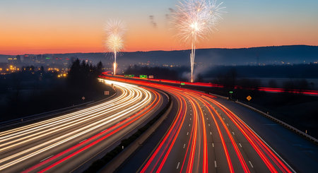 Long exposure photo of a highway in the evening with fireworks in the sky