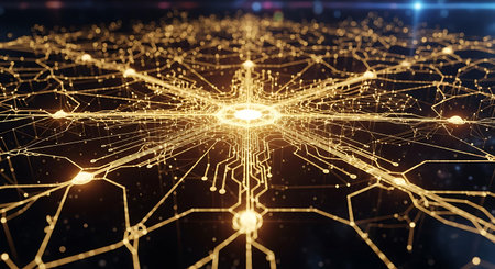 3D rendering of a network of connections with dots and lines on a dark backgroundの写真素材