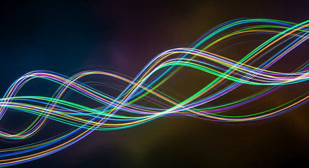 abstract colorful background with long exposure of glowing wavy lines.