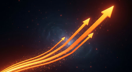 3d rendering of orange arrows pointing up on dark space background.の写真素材