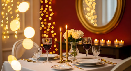 Beautiful table setting with candles and glasses on blurred lights background, closeupの写真素材