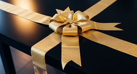 Black gift box with gold ribbon and bow. 3d render.