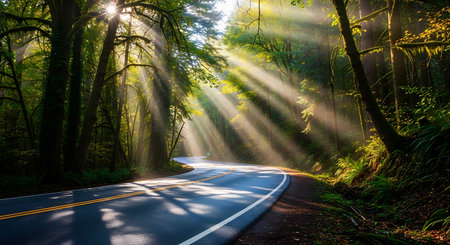 Road in the forest with sunbeams and rays of light.の写真素材