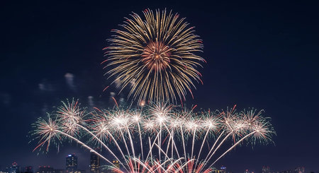 Colorful firework display for celebration happy new year and merry christmasの写真素材