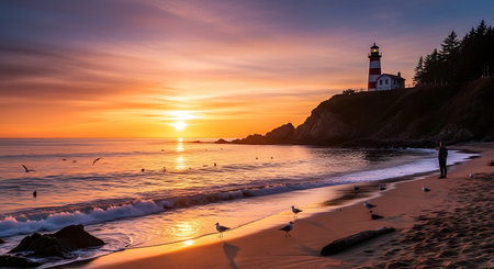 Sunset on the beach with lighthouse and seagulls.の写真素材
