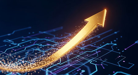 Arrow glowing up on circuit background. Success and growth concept. 3D Rendering