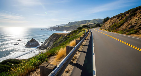 Road along the Pacific Ocean in California, USA. Beautiful landscape.の写真素材