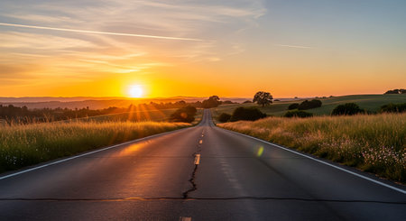Sunset on the road in the countryside of New South Wales, Australia