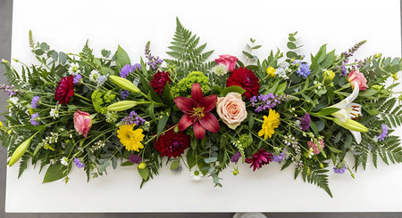 Colorful bouquet of flowers on the white table, top viewの写真素材