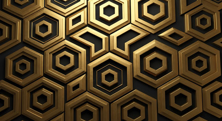 Abstract 3d rendering of golden hexagons background. Computer digital drawing.の写真素材