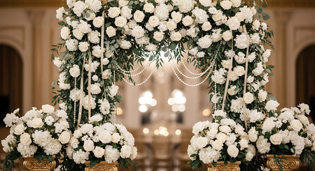 Wedding arch decorated with white flowers. Luxury wedding decoration.の写真素材