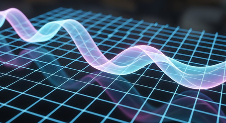 3d rendering of abstract blue and pink sound waves on grid background