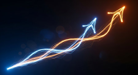 Digital composite of Glowing arrow with bokeh effect against black background