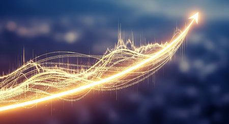 3D rendering of a graph with a rising arrow on a dark backgroundの写真素材