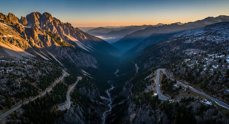 Dolomites mountain panoramic view at sunrise, Italy