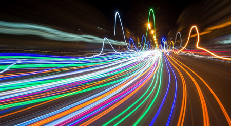 light trails on the street at night. long exposure multicolored