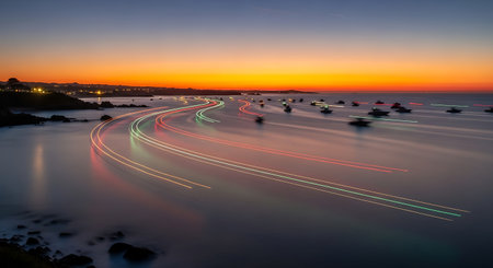 Long exposure photo of light trails on the sea at sunsetの写真素材