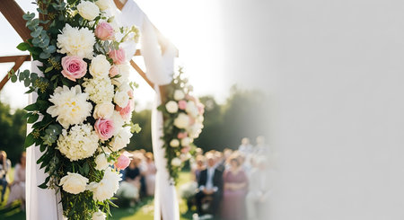 Wedding arch decorated with white and pink flowers. Wedding ceremony