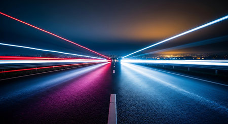 car light trails on the road at night in shanghai china.