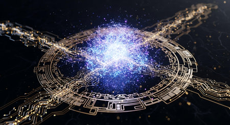 3D rendering of abstract digital hologram on dark background. Technology concept.の写真素材