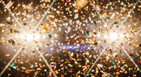 Festive background with confetti and bokeh defocused lights