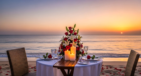 Romantic dinner setting on the beach at sunset. Romantic dinner on the beachの写真素材