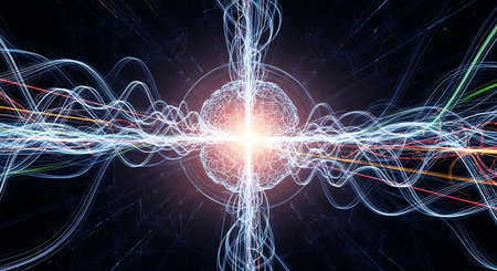 Futuristic technology wave background design with lights and lines 3D rendering