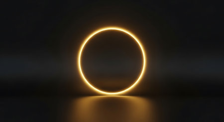 Neon circle on black background. Glowing circle on dark background. 3d renderの写真素材