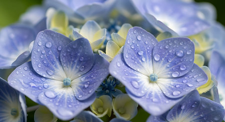 Hydrangea macrophylla flowers with water droplets on petalsの写真素材
