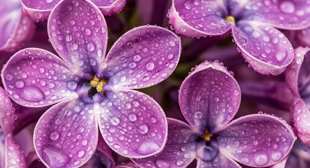 Purple lilac flowers with water drops close up. Nature background