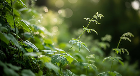 Morning dew on the leaves of a nettle in the gardenの写真素材