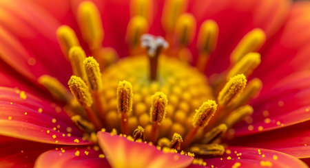 Close up of the pistil and stamen of a red zinnia flowerの写真素材