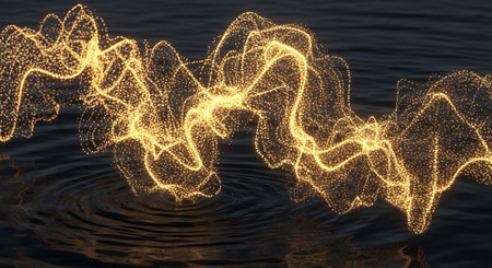Abstract 3d rendering of golden particles. Futuristic wave with glowing particles.