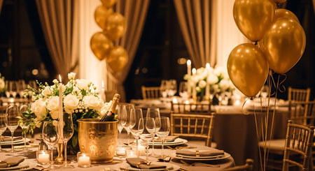 Wedding table setting with champagne glasses and candles, selective focus