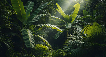 Tropical jungle background. Green palm leaves and sun rays.