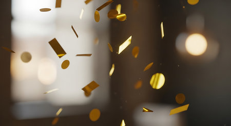 Golden confetti flying in the air with bokeh background.の写真素材