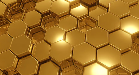 Abstract 3d rendering of golden hexagons background. Reflective surface.