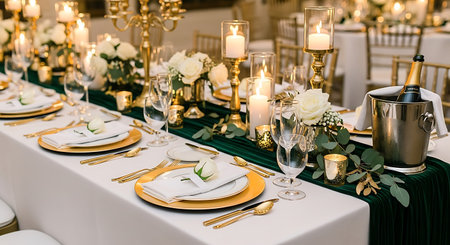 Wedding table setting with candles, glasses, plates and napkins