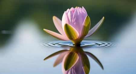 Beautiful pink lotus on the water surface with reflection in the waterの写真素材
