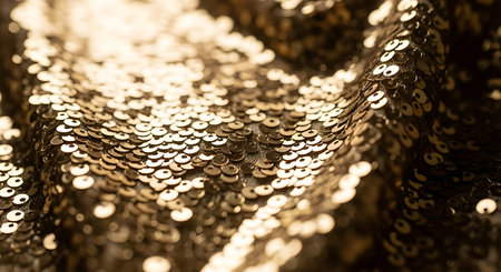 Background texture, pattern. The fabric is decorated with sequins in gold tones.の写真素材