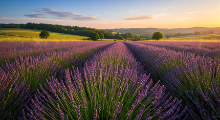Sunset over lavender fields in Provence, France.