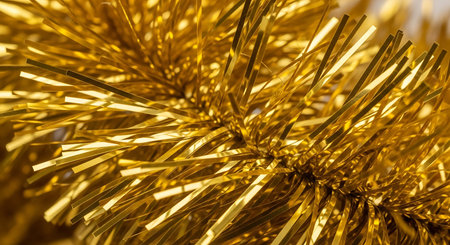 Golden christmas tinsel as a background, close-up.の写真素材