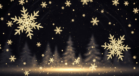 Golden Christmas background with snowflakes and fir trees. Vector illustration.