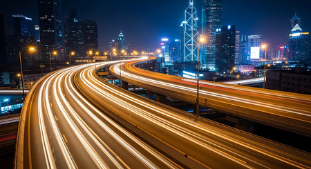 car light trails on the street in shanghai china.の写真素材