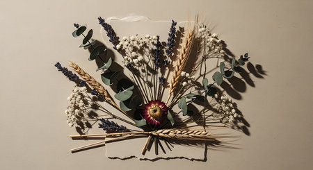 A bouquet of dried flowers and eucalyptus branches on a light backgroundの写真素材