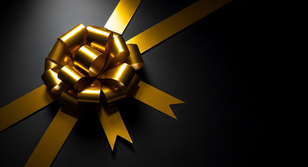 Golden bow with ribbon on black background. 3d render illustration.の写真素材