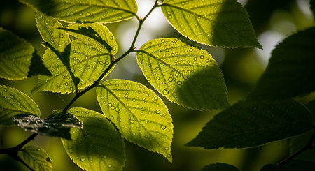 Green leaves with drops of dew in the morning sunlight. Nature background