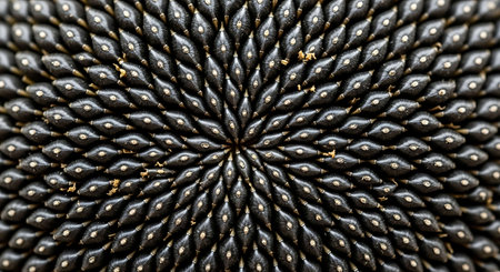 Macro shot of a black sunflower in the shape of a circleの写真素材